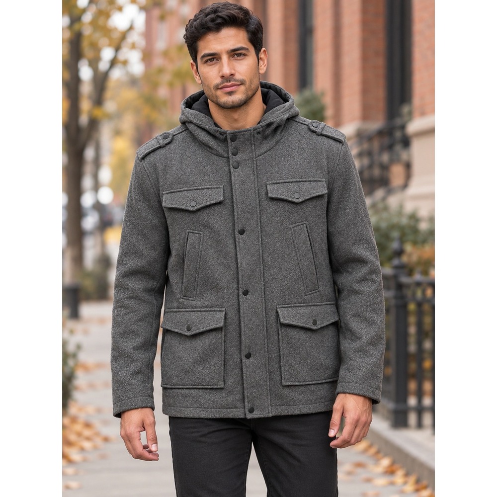 Black Rivet Mens Grey Wool Blend Hooded Field Jacket BK5AB594 XXL New